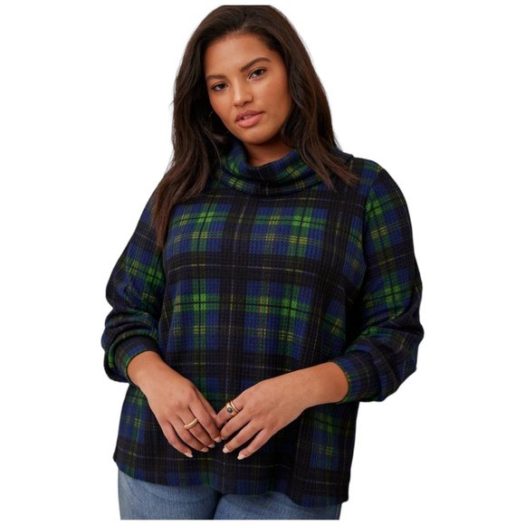 TORRID Size 00 MEDIUM - Brushed Waffle Cowl Neck Plaid Top Thermal NEW - Picture 2 of 5